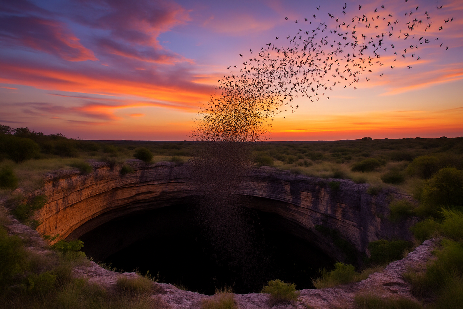The Devil’s Sinkhole at dusk, showcasing the spectacular bat exodus that has fascinated observers for decades