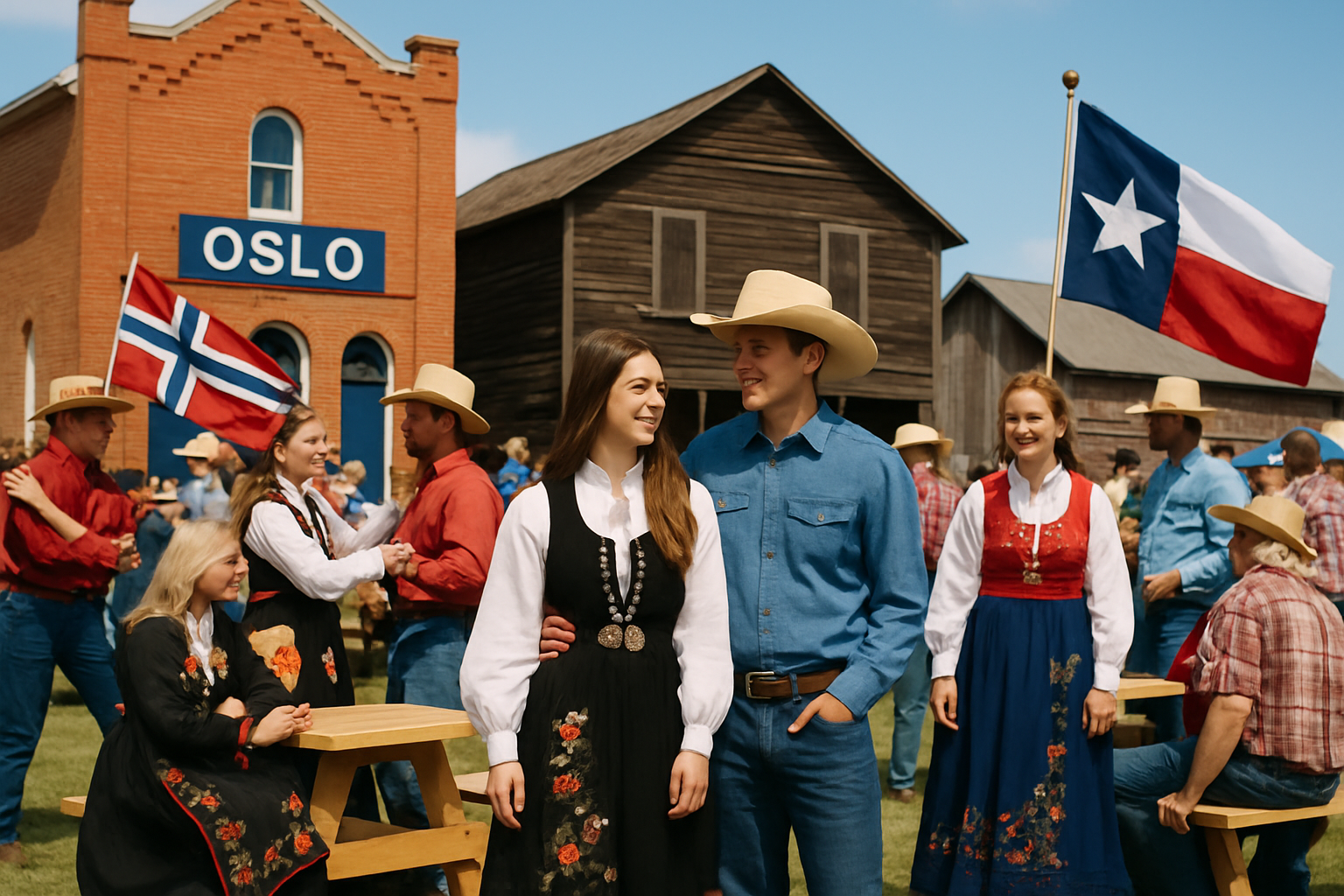 Community festival in Oslo, Texas celebrating Norwegian heritage with Texan cultural influences
