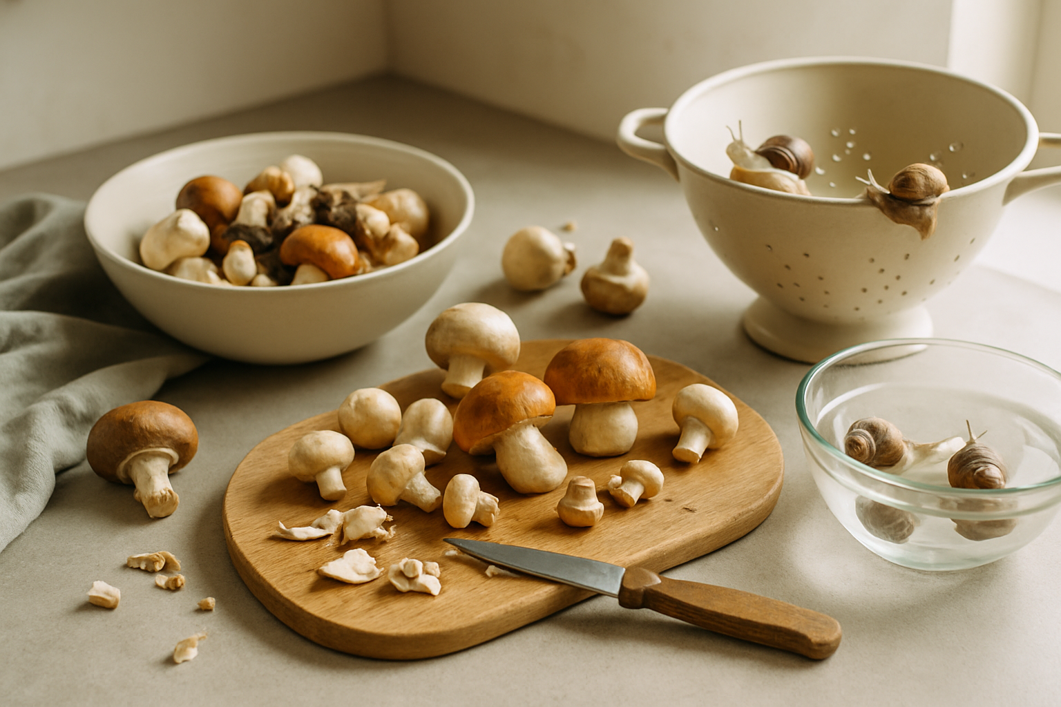Cleaning and preparing fresh mushrooms and snails before cooking