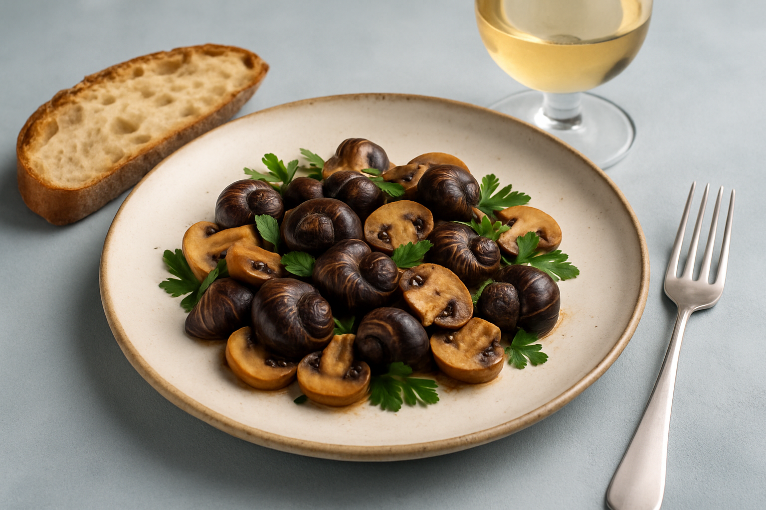 Plated mushroom and snail dish showcasing herbs and sides