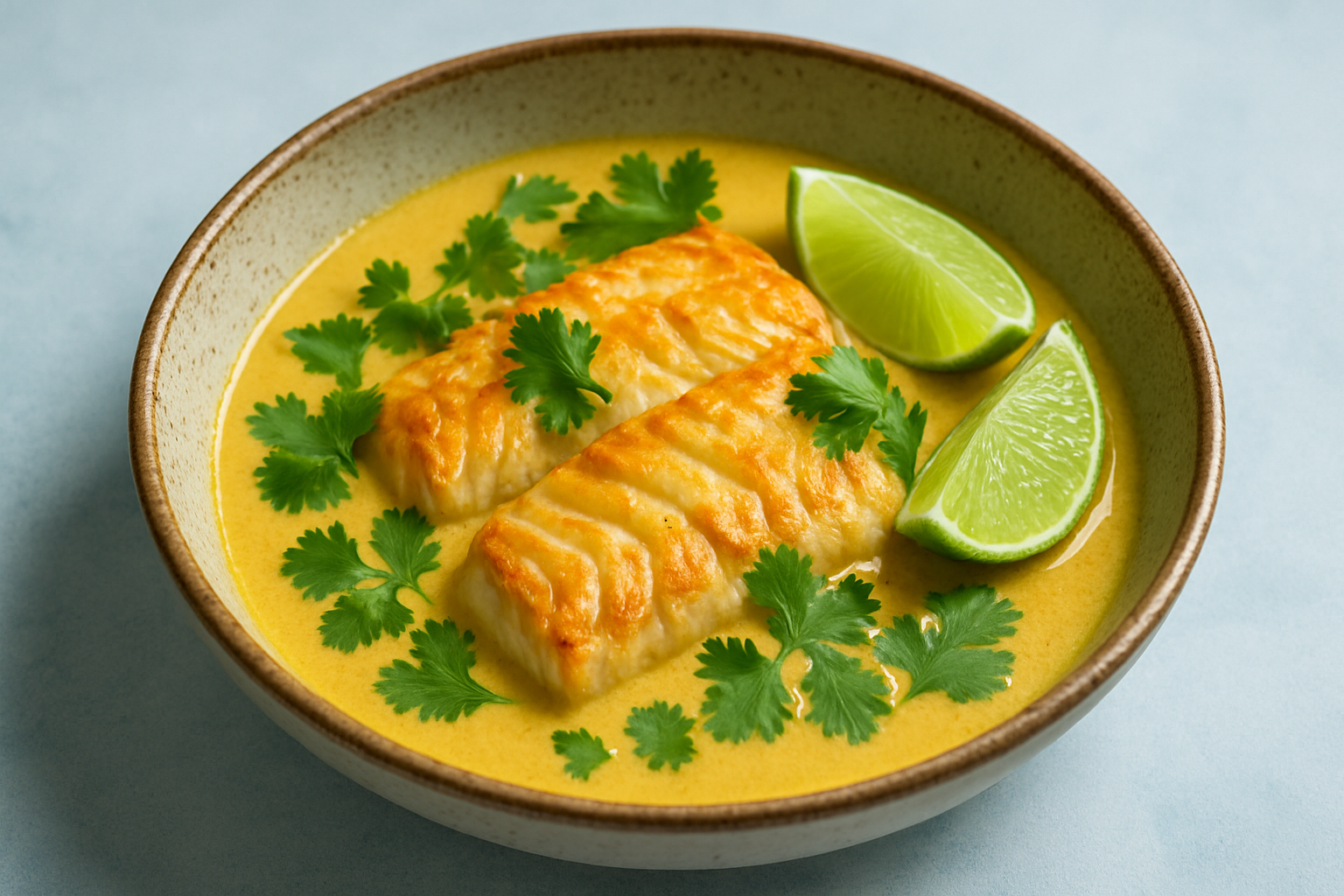 Delicious grouper fillets served in a fragrant ginger and coconut curry, garnished with fresh cilantro and lime.