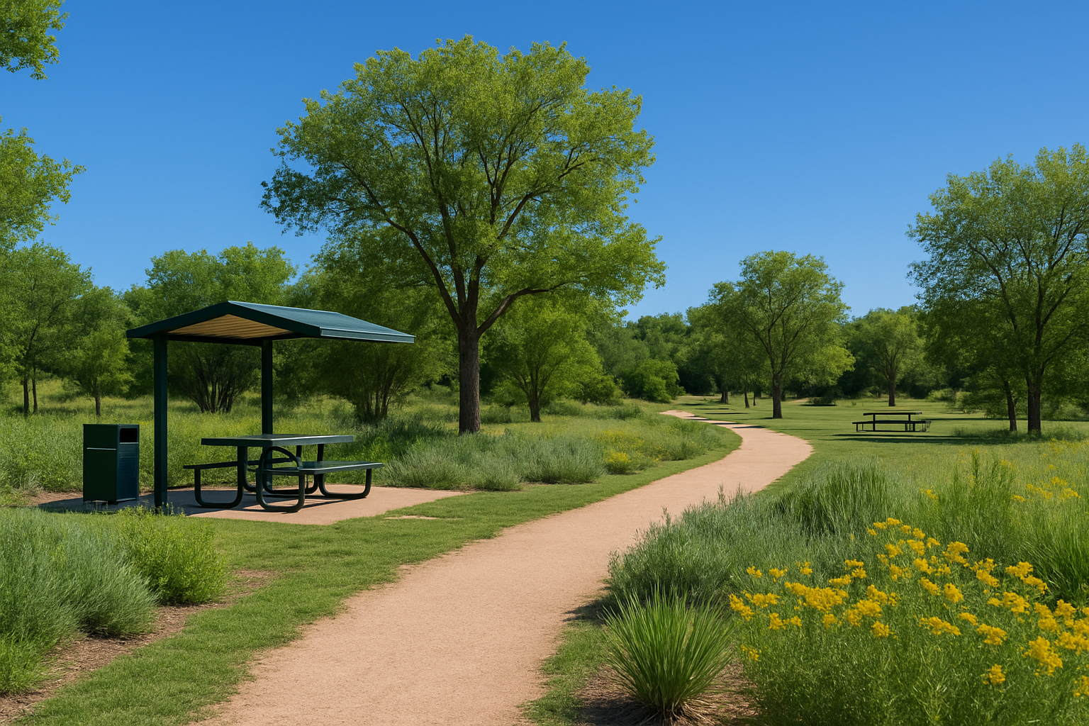 Scenic view of a tranquil park in Spearman featuring lush trails and designated picnic spots.