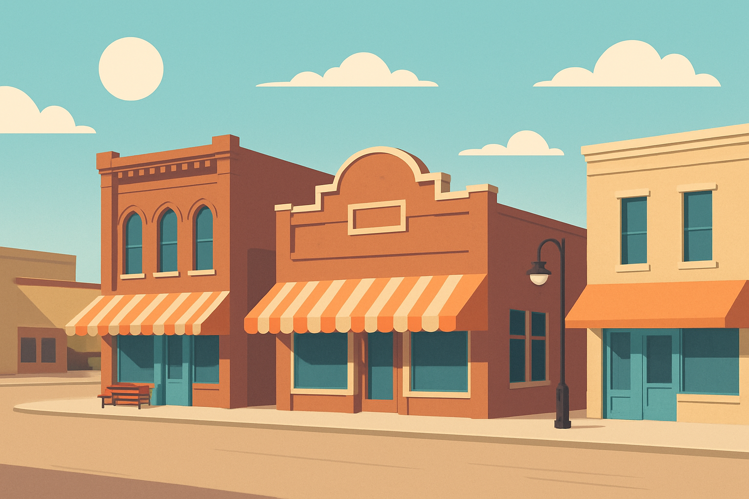 A picturesque view of downtown Spearman highlighting its preserved historic brick buildings and charming streetscape.