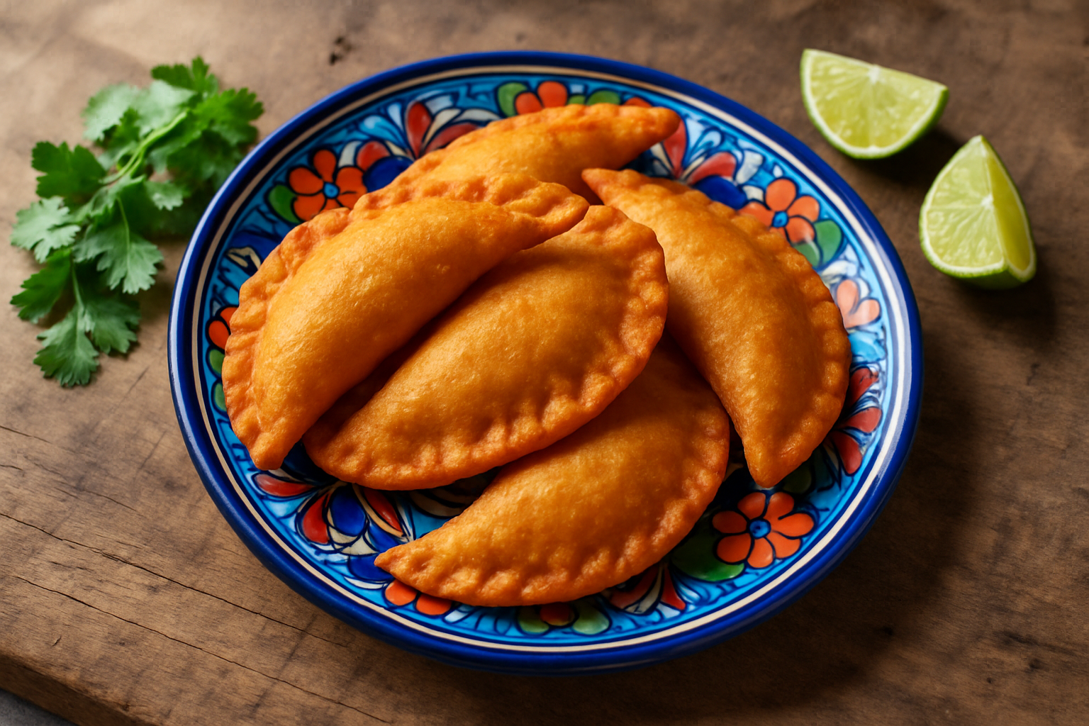 A plate of freshly fried authentic Honduran empanadas garnished with cilantro and lime, showcasing their crispy golden crust and inviting texture.