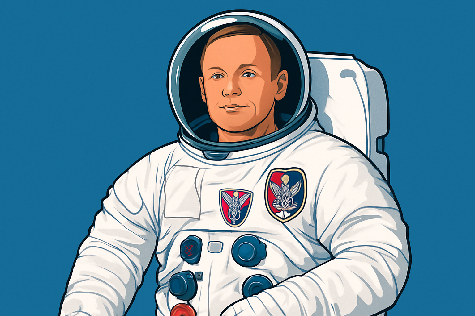 Portrait of Neil Armstrong in astronaut gear with Eagle Scout badge highlighted