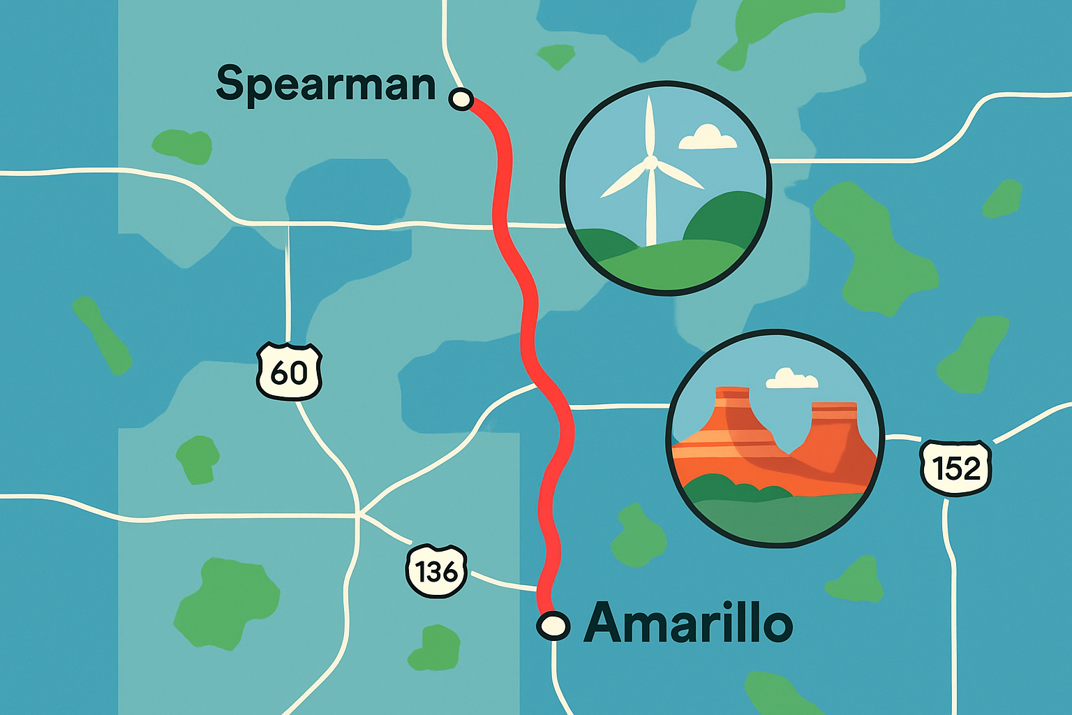 Map showing the route from Spearman TX to Amarillo TX with key landmarks and rest areas