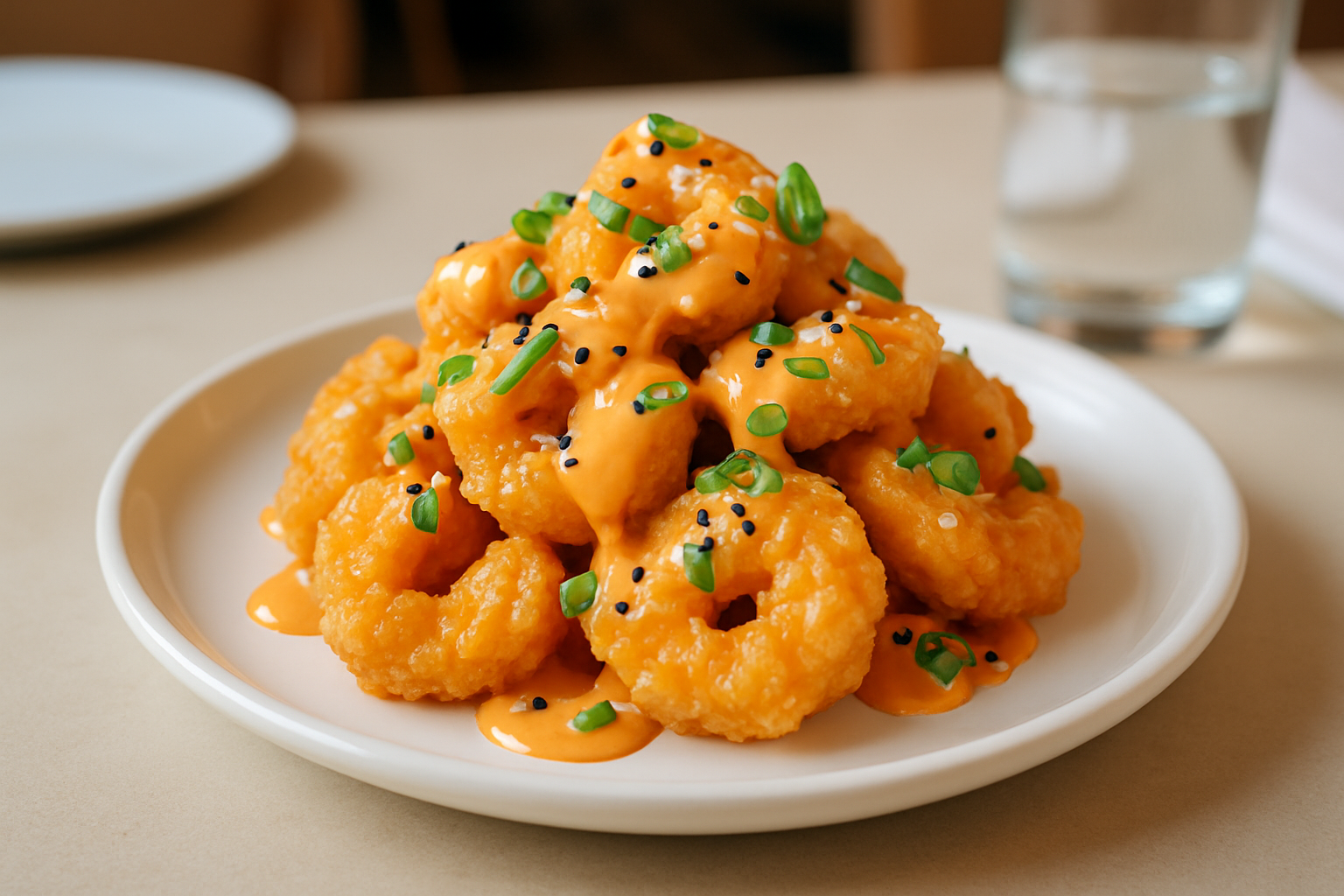 A plate of crispy bang bang shrimp coated in creamy, spicy sauce garnished with fresh green onions.