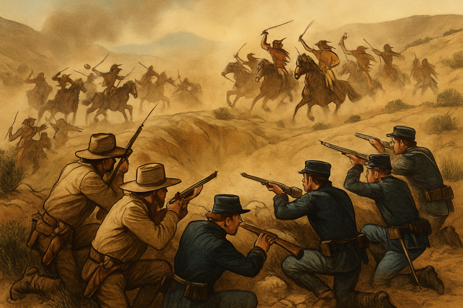 Illustration depicting the fierce defense at Buffalo Wallow, highlighting terrain and combatants.