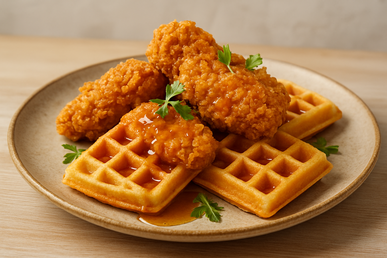 A perfectly fried chicken and waffle plate showcasing crispy chicken atop fluffy waffles, drizzled with syrup.