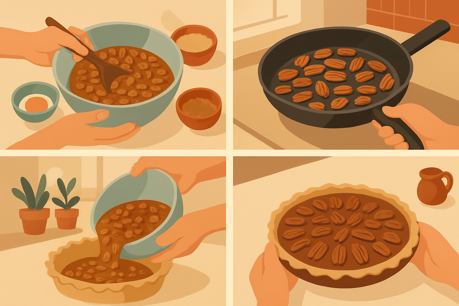 Visual step-by-step preparation of island pecan pie filling and crust assembly.