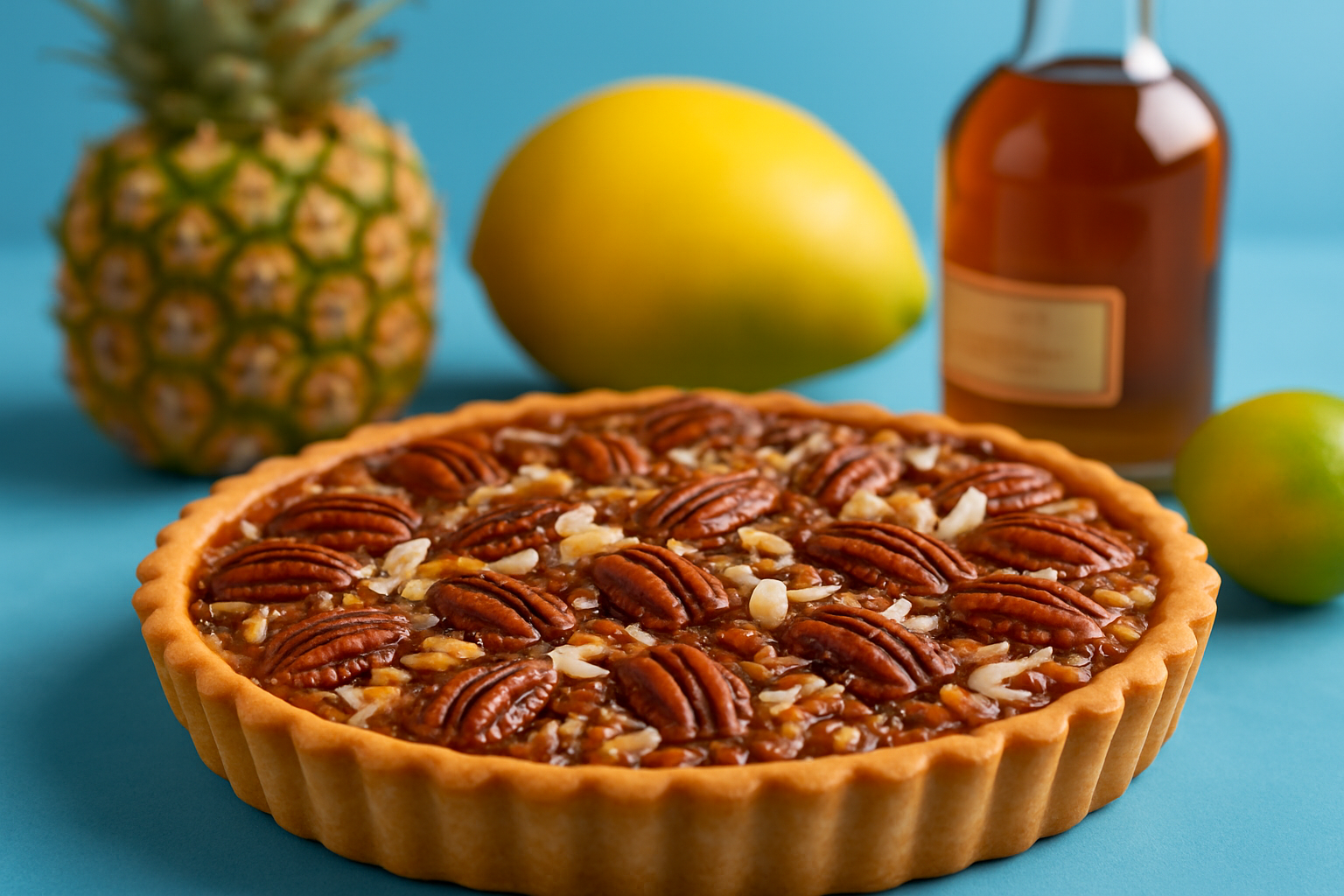 Golden island pecan pie garnished with toasted pecans and coconut flakes, ready to transport your taste buds.