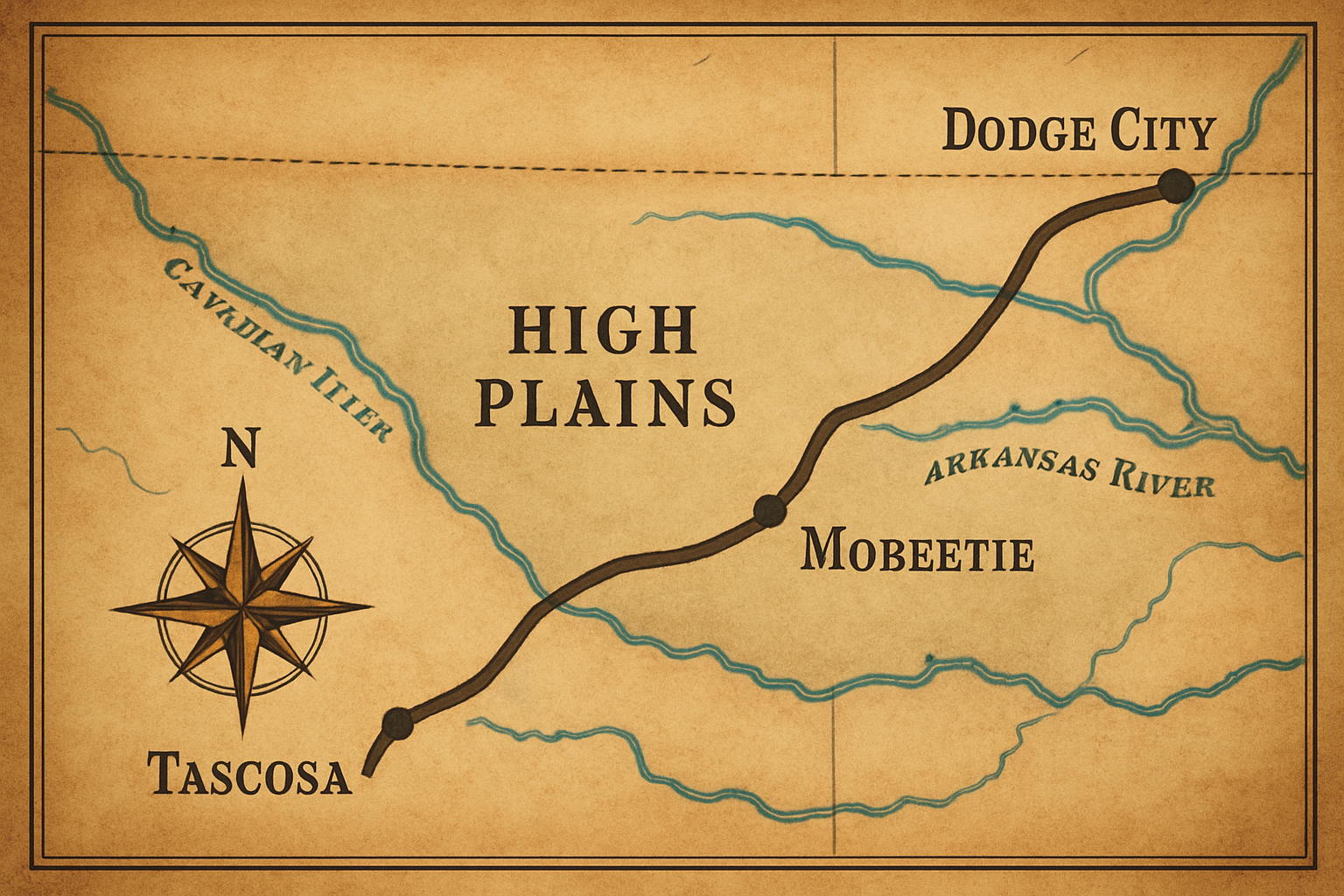 A historically inspired map tracing the route between Tascosa and Dodge City over the High Plains, emphasizing rivers, stops, and terrain.