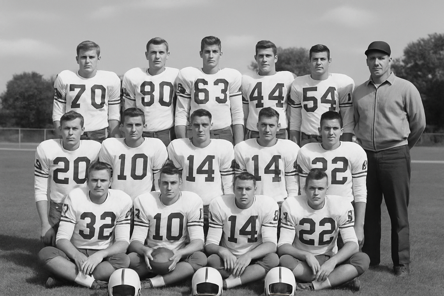 A vintage photograph of the Spearman Lynx football team and coach during the 1960 season.