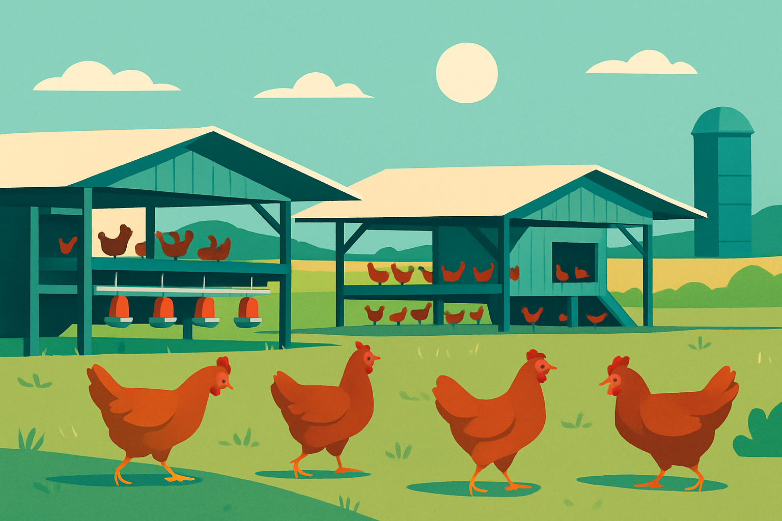 A modern Panhandle poultry farm showcasing free-range chickens in shaded coops with automated feeding systems.