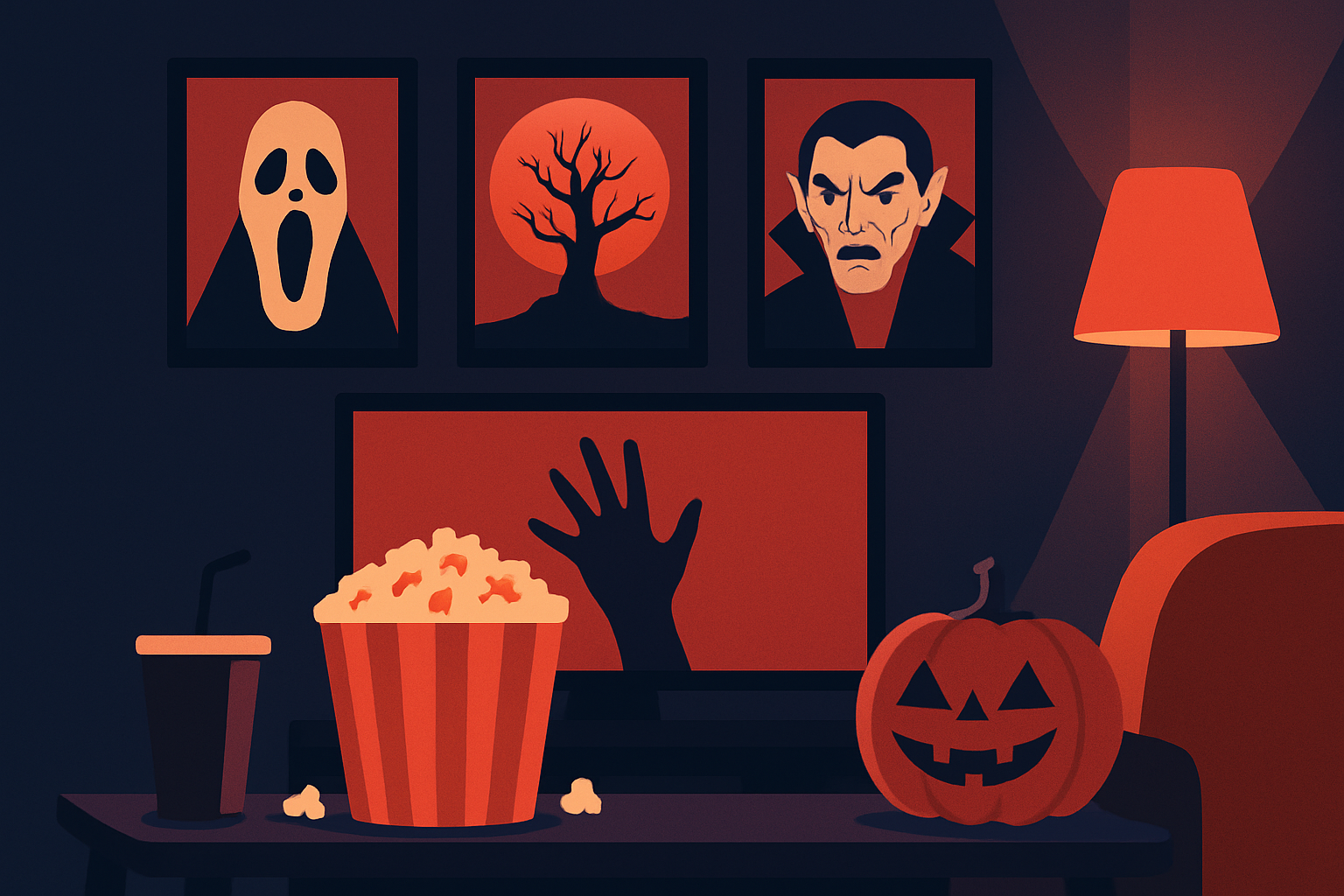 A stylish home setup perfect for hosting a horror movie day marathon with thematic decorations and comfortable seating.