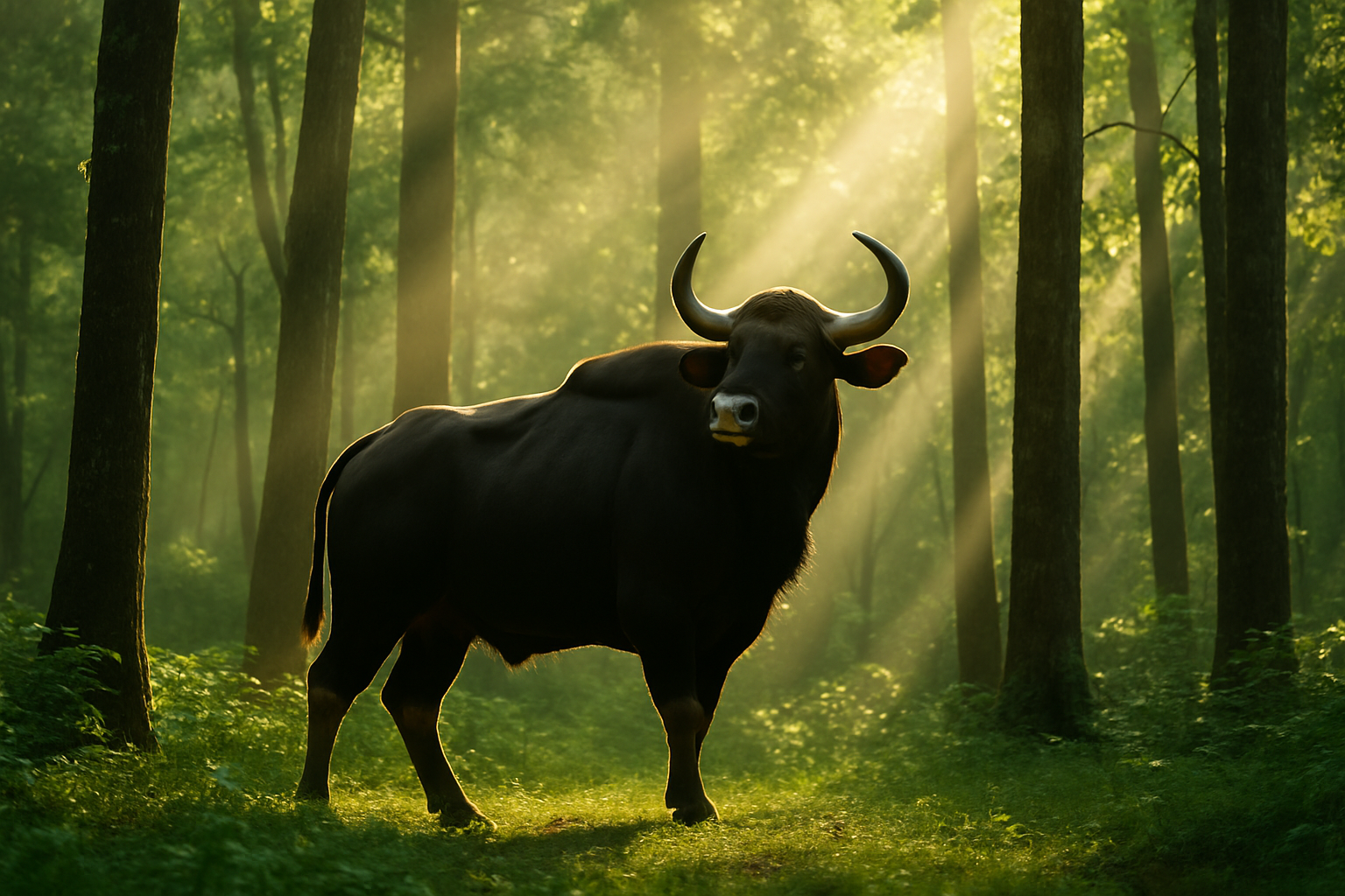 A gaur (Indian bison) in its natural forest habitat, showcasing the animal