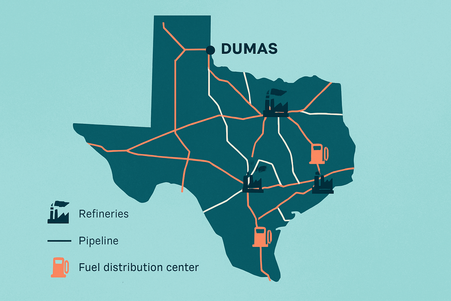 Map illustrating Dumas, TX’s geographic position relative to fuel infrastructure and transportation routes influencing gas prices.