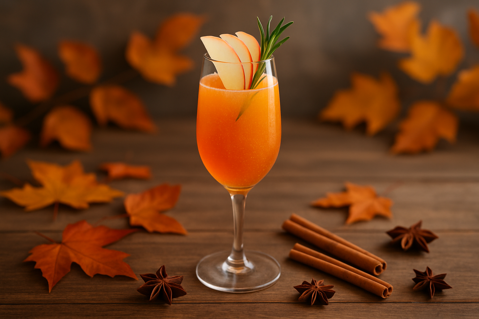A beautifully presented Autumn Fizz cocktail highlighting its sparkling bubbles and seasonal garnishes
