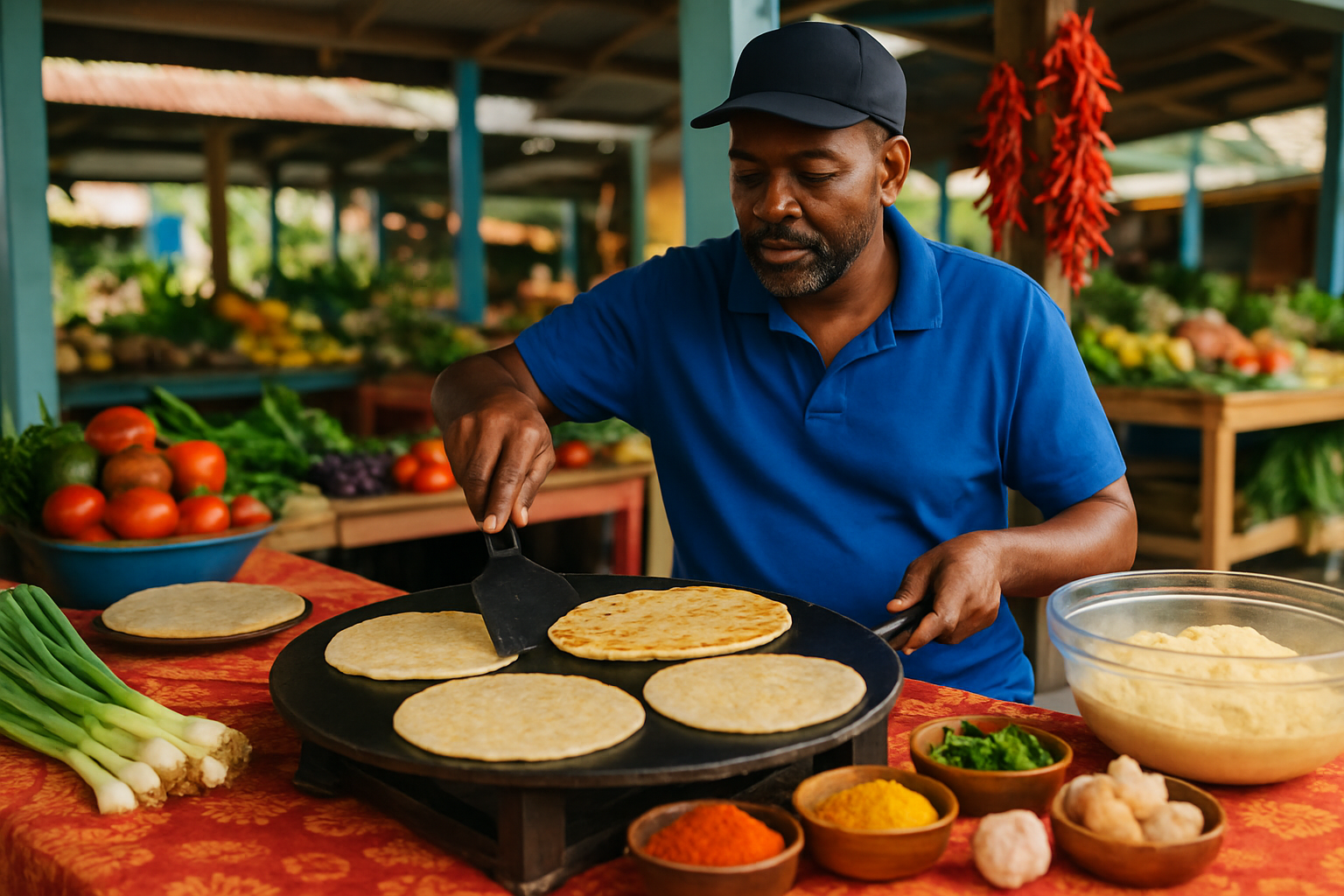A roti vendor expertly preparing traditional dhalpuri roti with authentic spices in Barbados