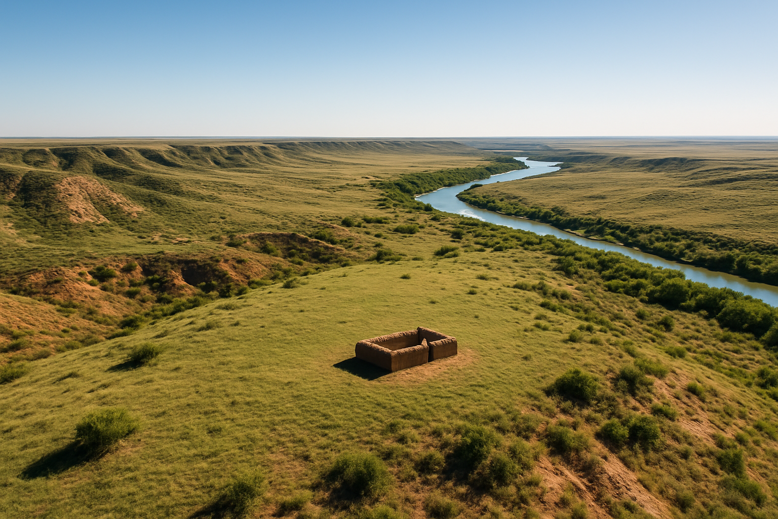 Aerial photograph highlighting the remote location of Adobe Walls near the Canadian River in the Texas Panhandle.