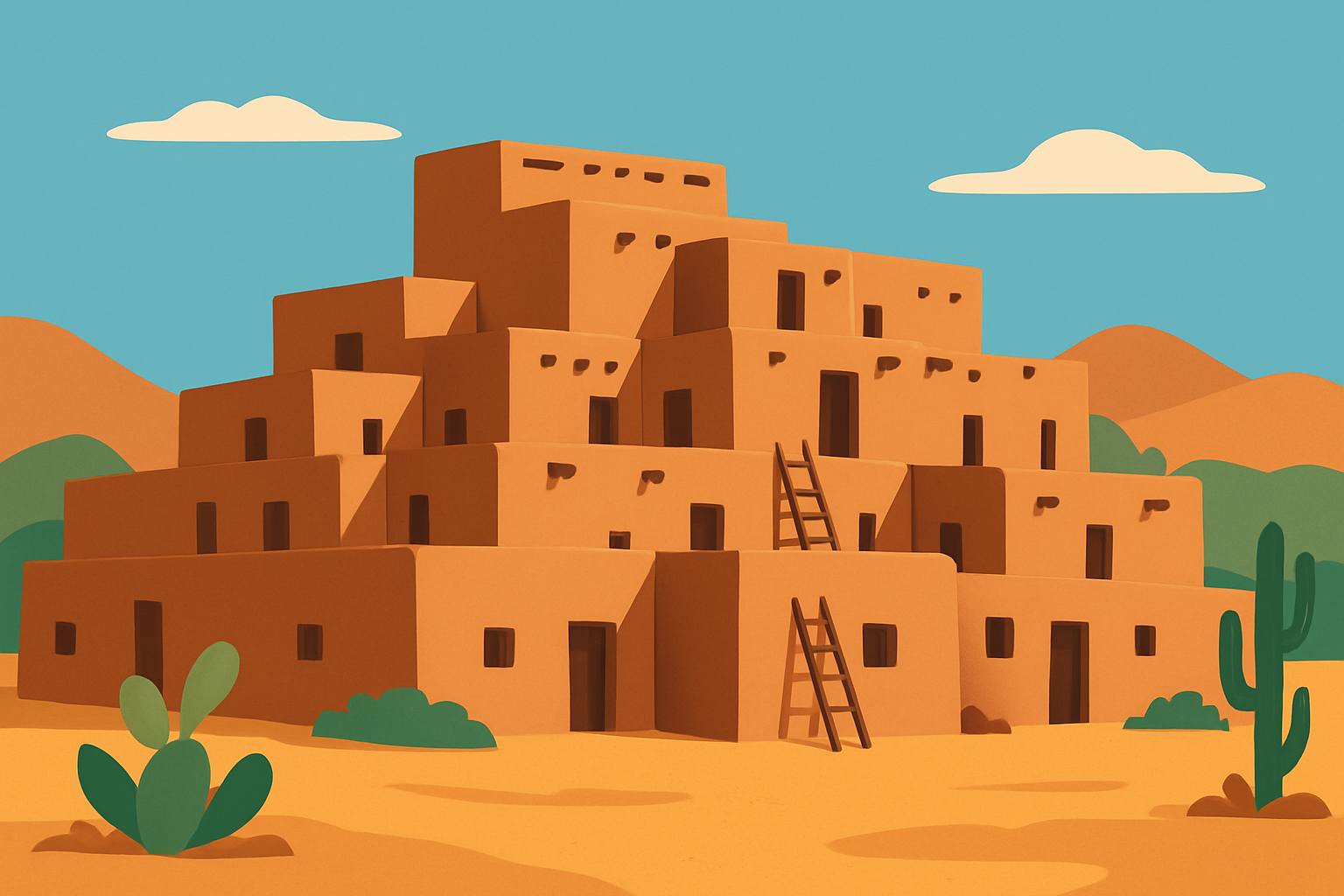 A multi-level traditional adobe pueblo illustrating the cultural and architectural importance of adobe walls in indigenous communities.