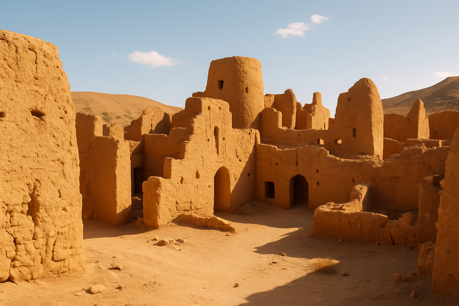 Ruins of an ancient adobe village showing sun-dried mud brick walls, highlighting early adobe construction techniques.