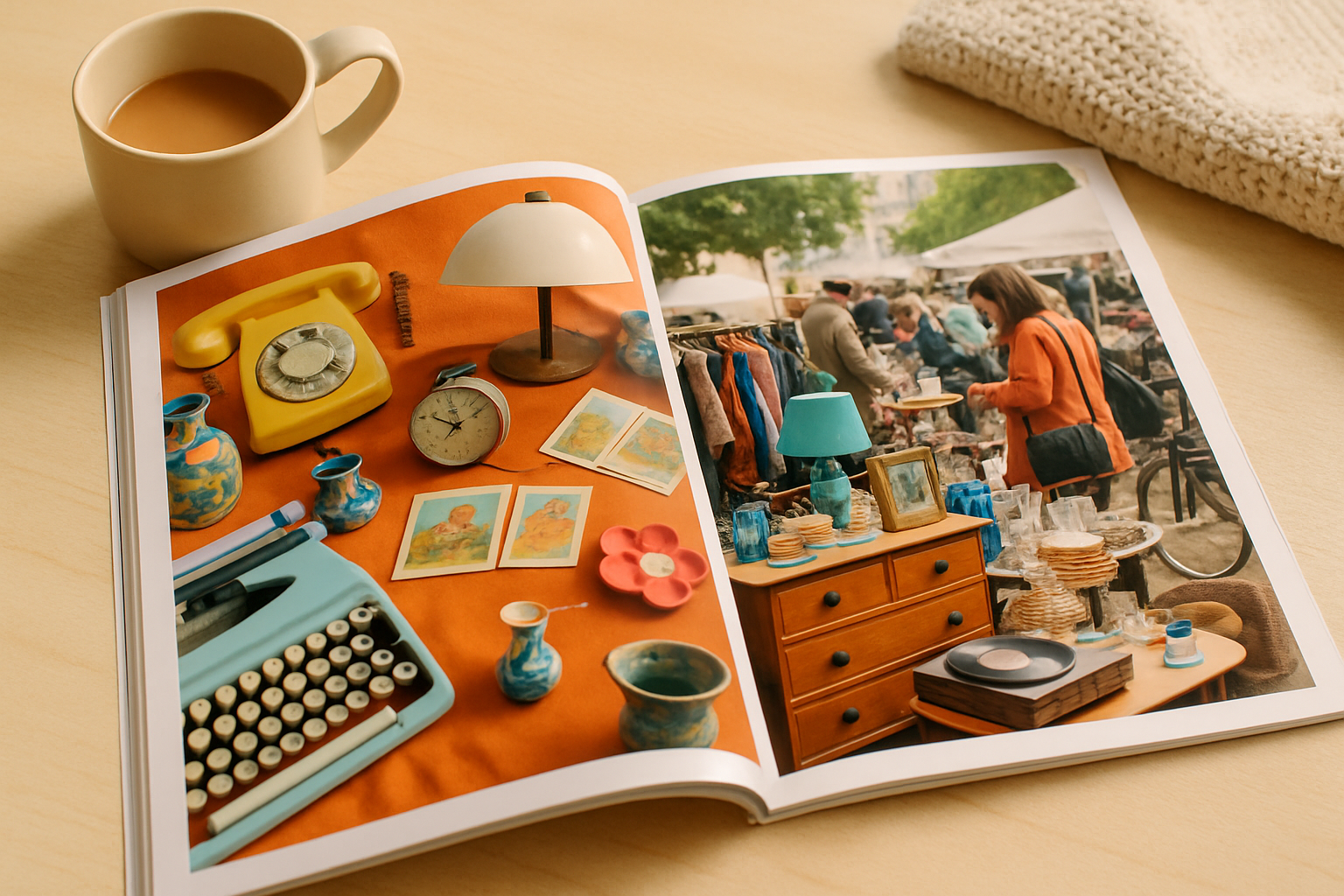A vibrant flea market magazine spread open showcasing vintage items and market scenes.
