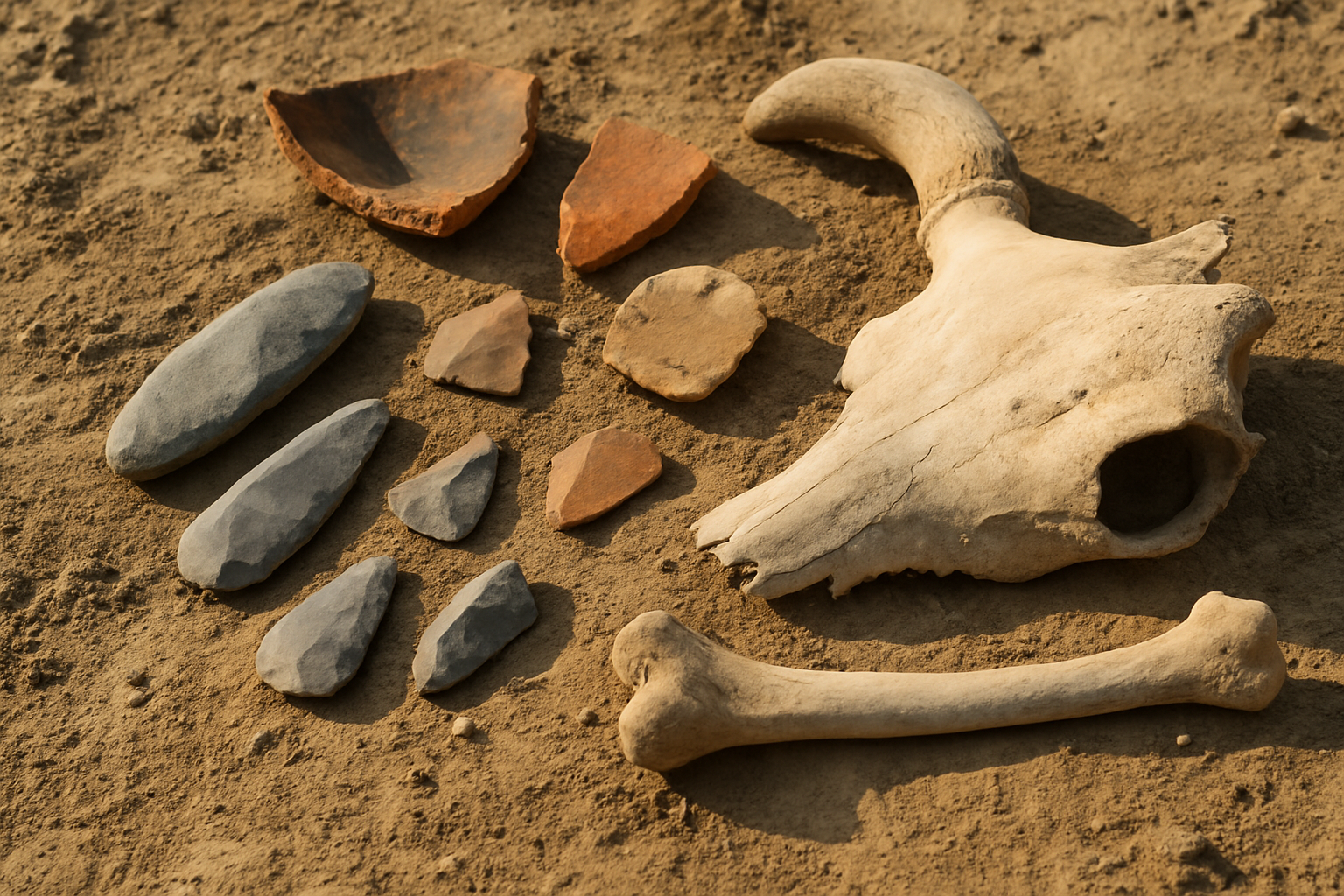Selection of artifacts uncovered from the Bison Reservoir site including stone tools, pottery shards, and bison fossilized bones.