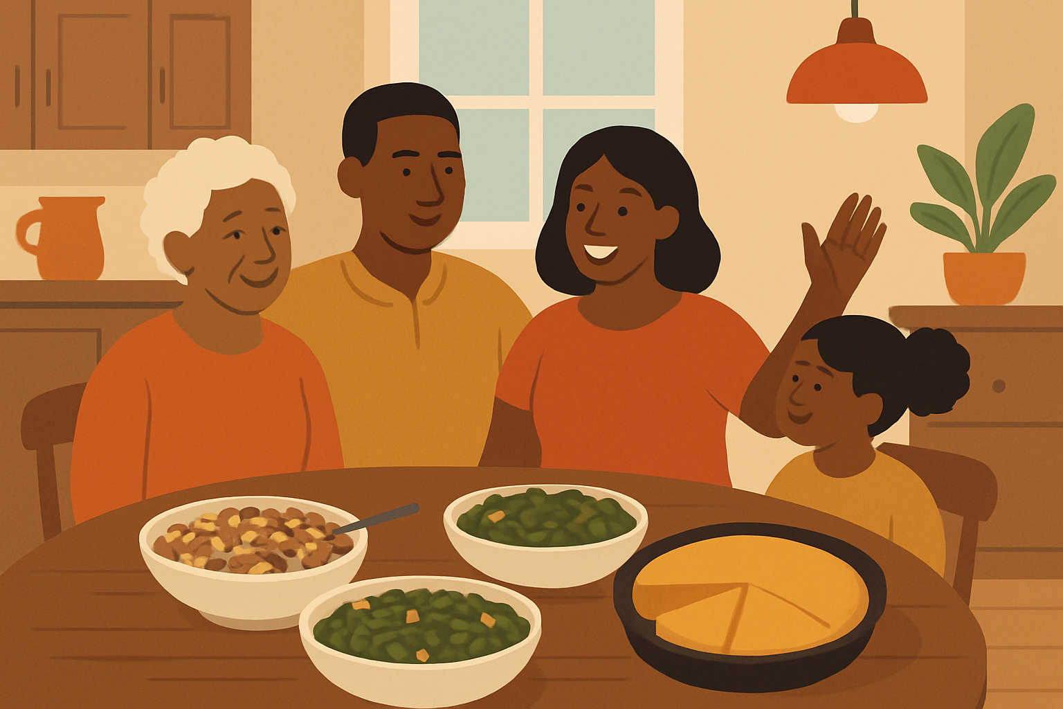 Family gathered around a table enjoying traditional Southern New Year’s meal featuring black eyed peas, collard greens, and cornbread.