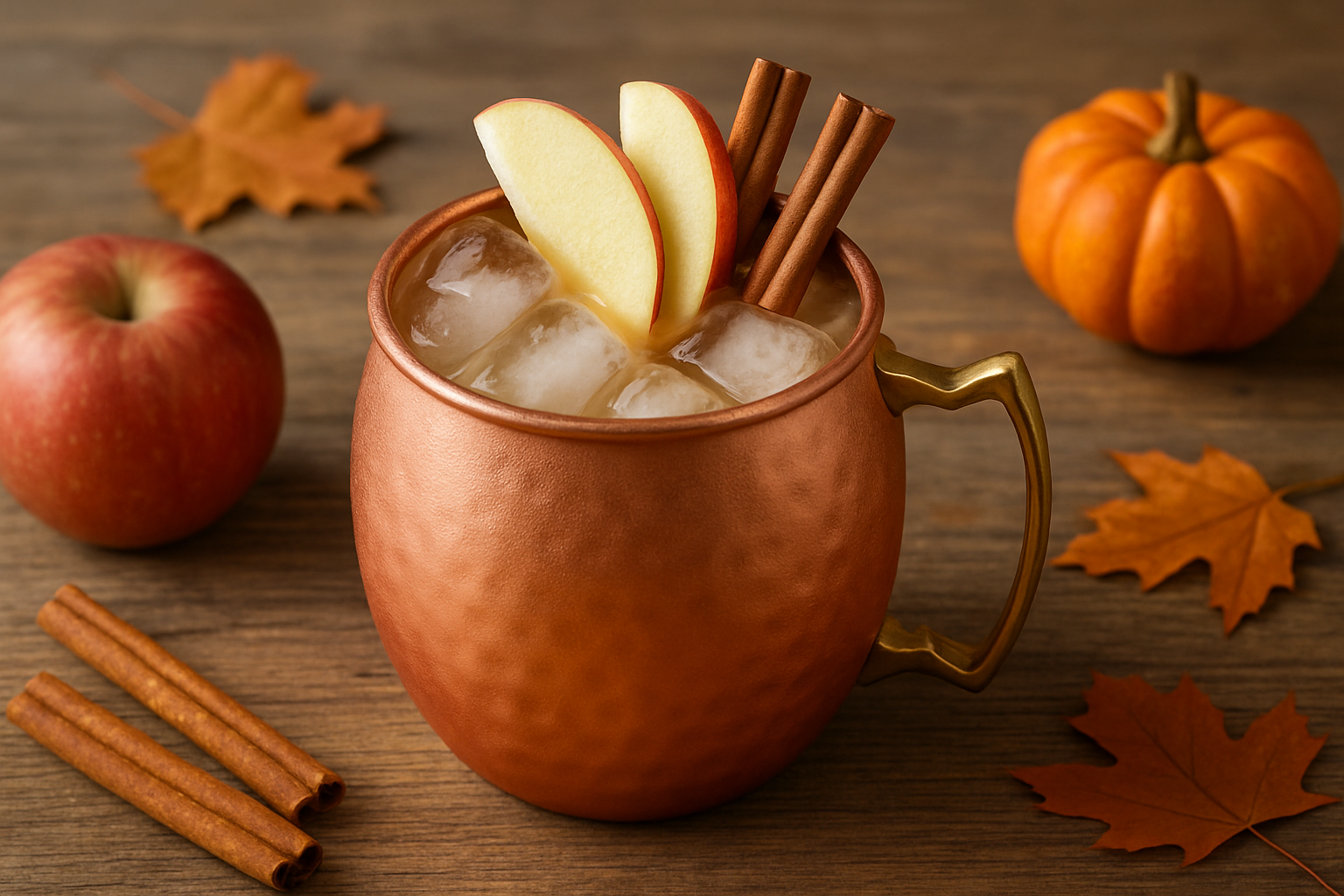 Caramel Apple Mule served in a classic copper mule mug with seasonal garnishes