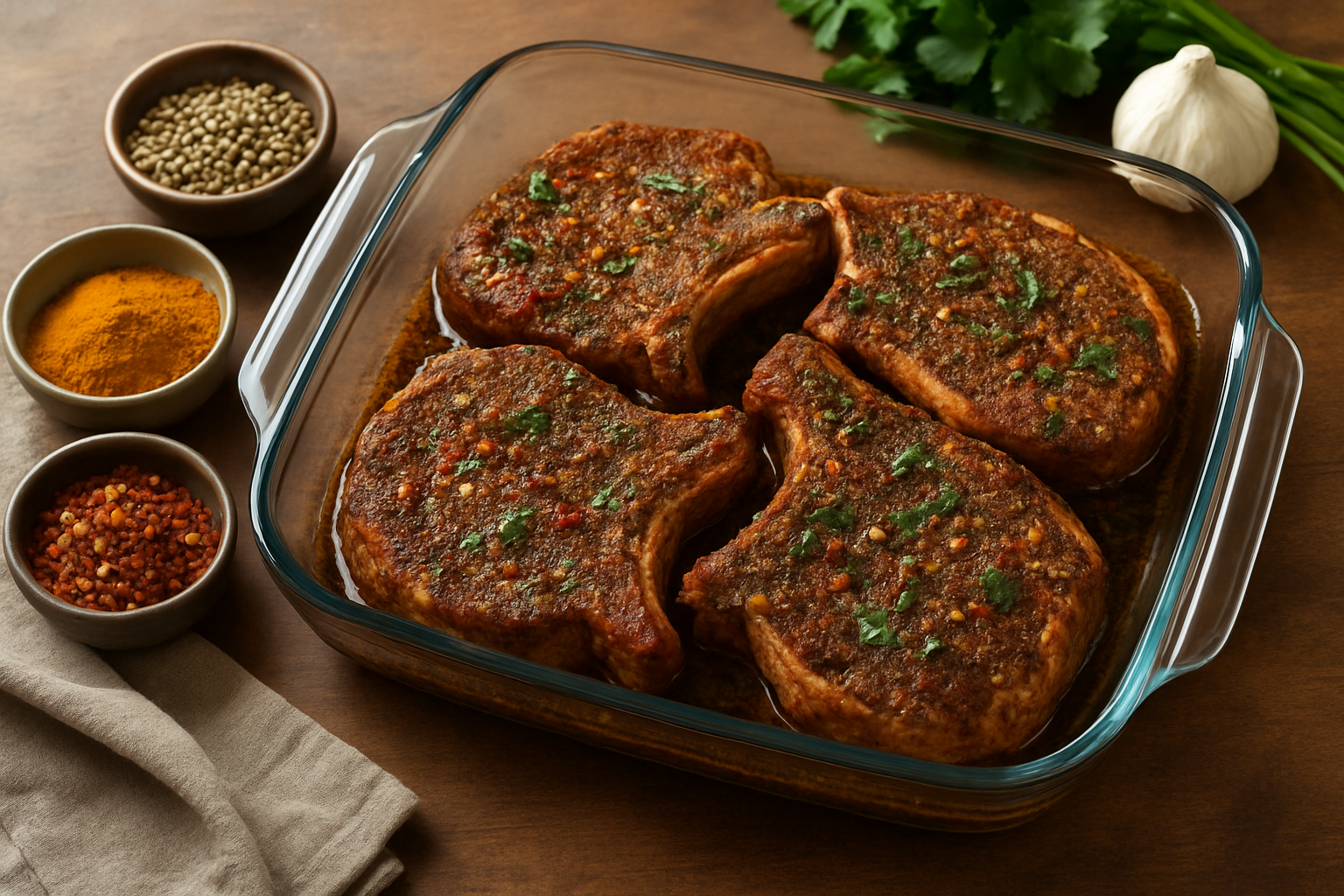 Marinated Caribbean jerk pork chops ready to be cooked