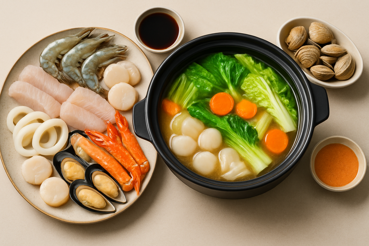 An inviting hot pot spread showcasing a variety of fresh seafood and vegetables ready for cooking.