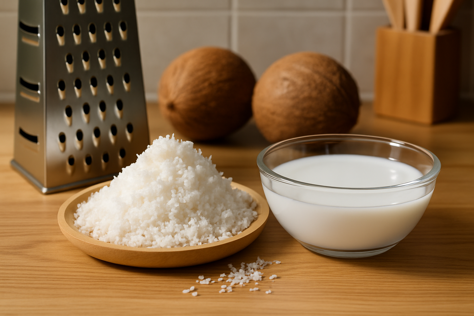 Freshly extracted coconut milk made from grated coconut, displayed alongside whole coconuts and kitchen tools.