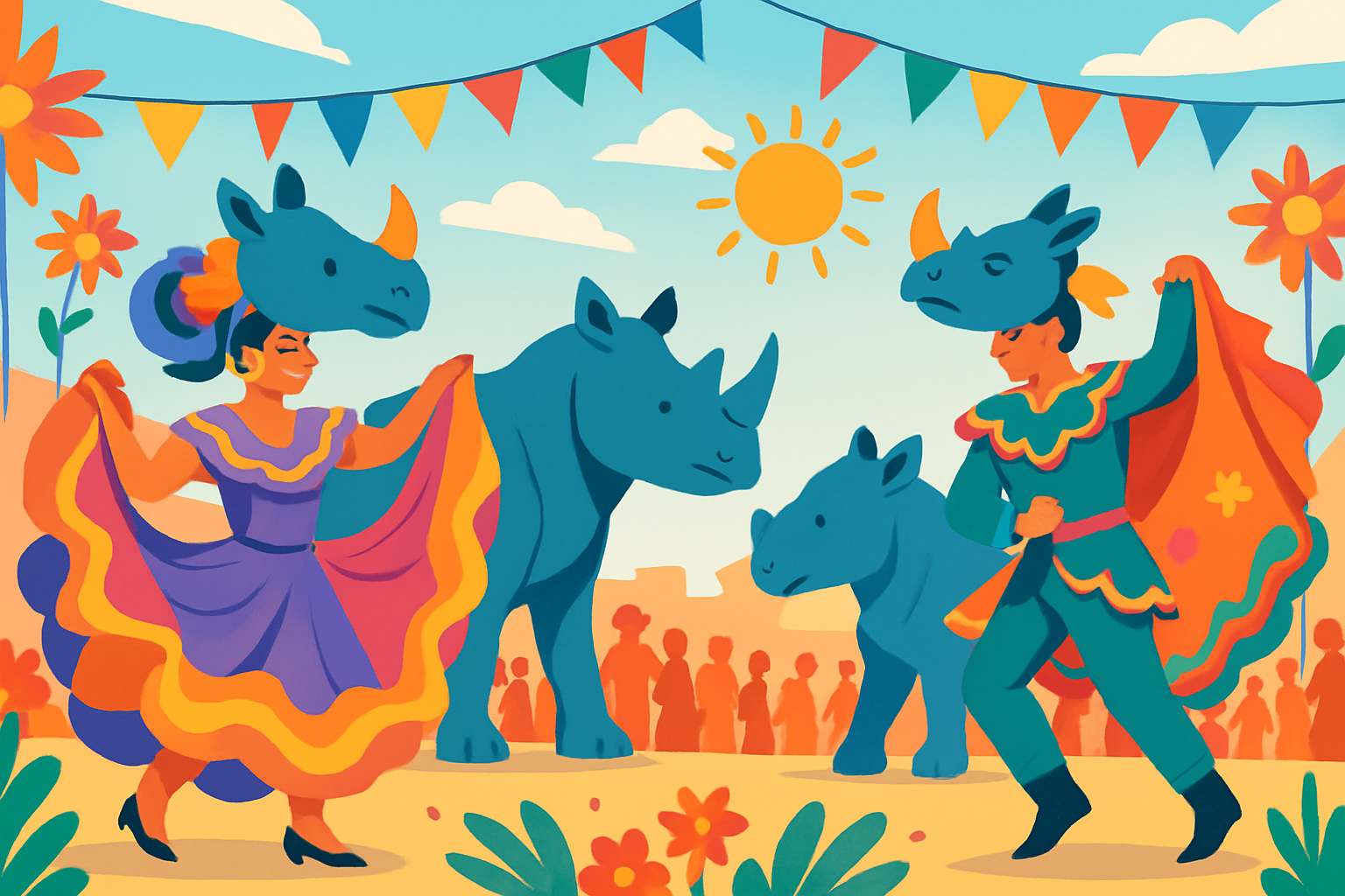 Community members celebrating Cinco de Rhino with traditional dance and rhino-themed artistic displays.