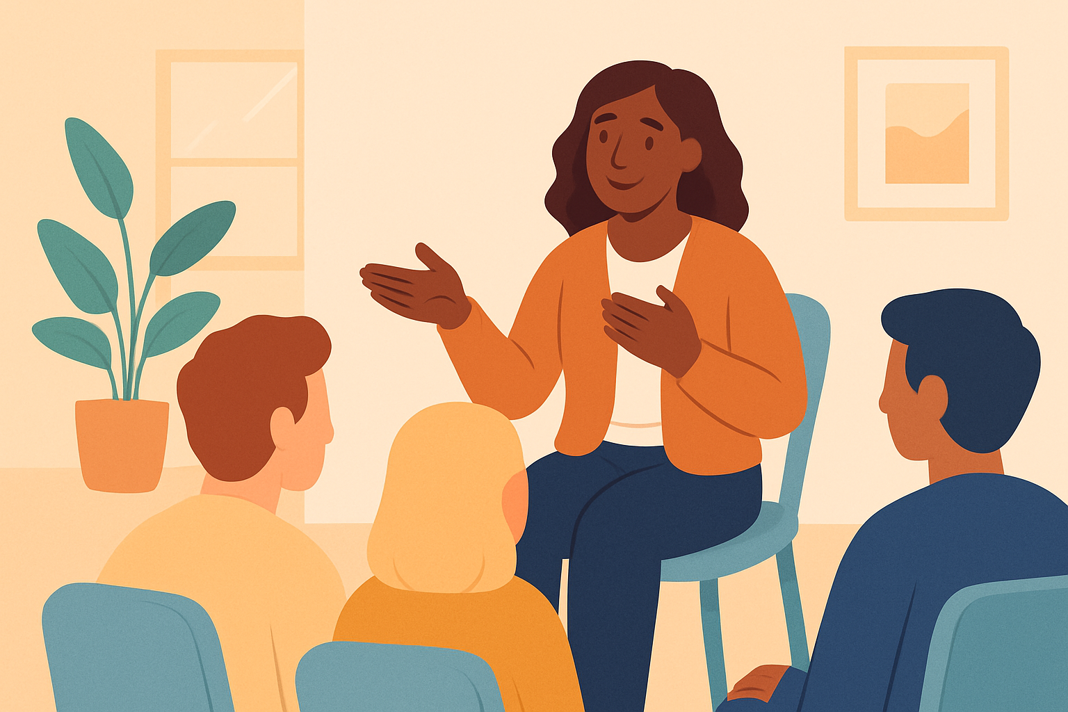 Peer support meeting where individuals share and uplift each other