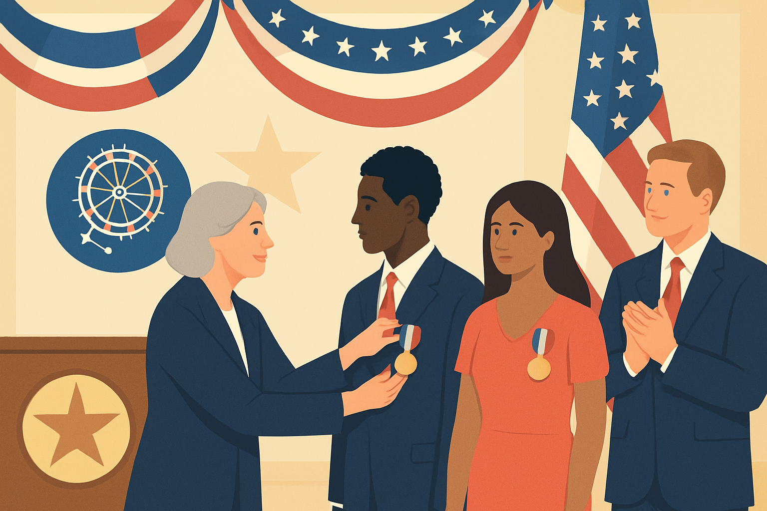 Award recipients being honored at a formal Daughters of the American Revolution ceremony with patriotic themes