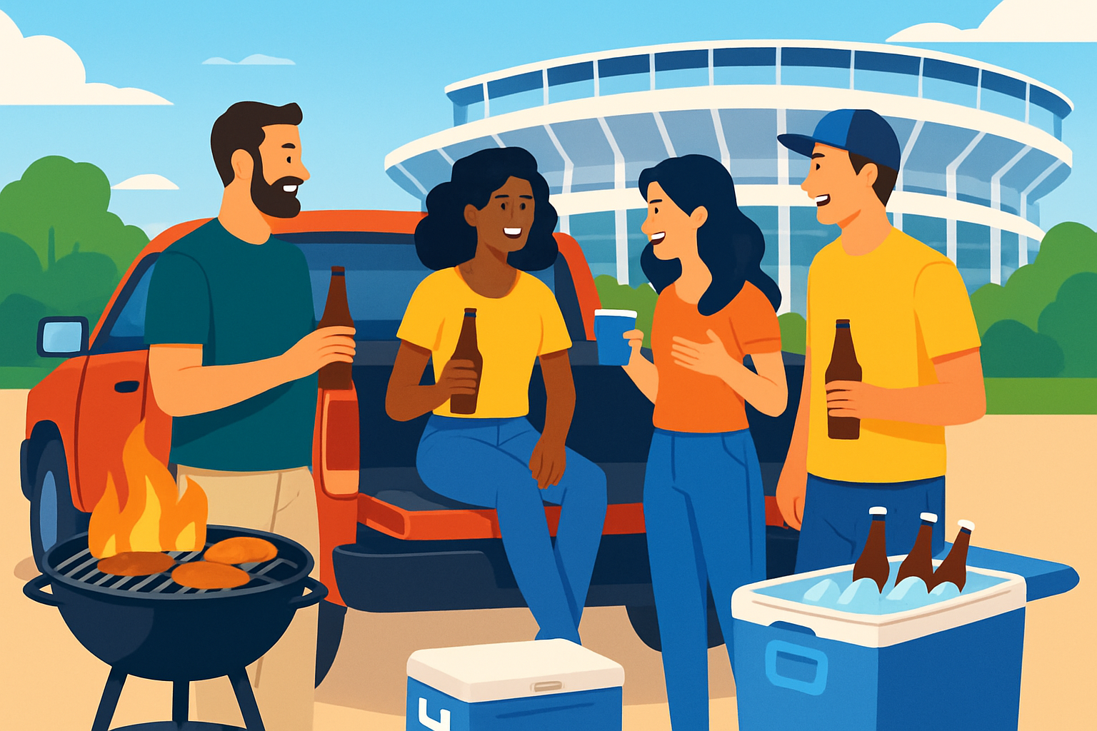 A typical tailgate party scene showcasing the festive atmosphere around an open vehicle trunk before a sporting event.