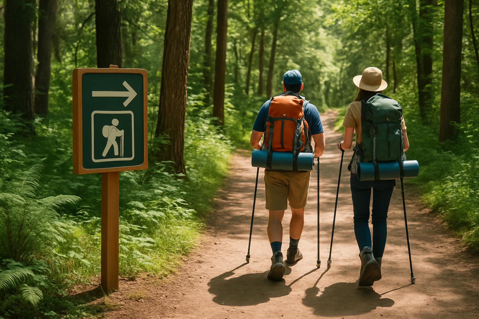 Hikers walking along the well-maintained Cherry Bounce Trail with clear trail signage and comfortable amenities.