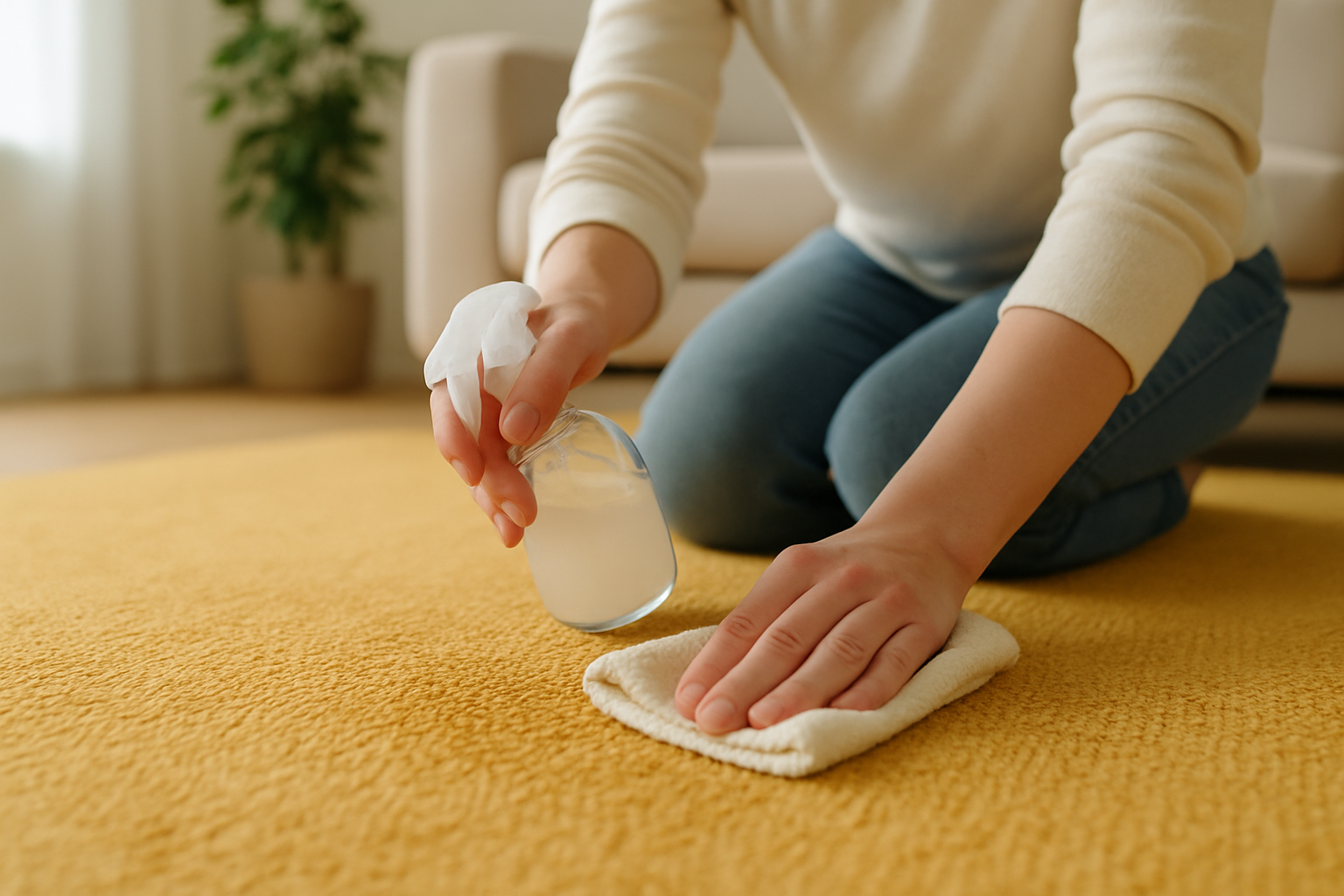 A person gently blotting a golden carpet spot with a soft cloth and a natural cleaning solution.