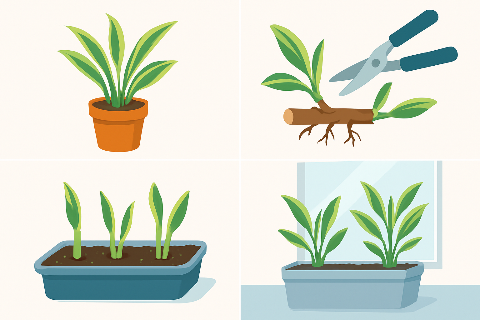 Visual representation of propagation methods for variegated ginger including division and stem cuttings.