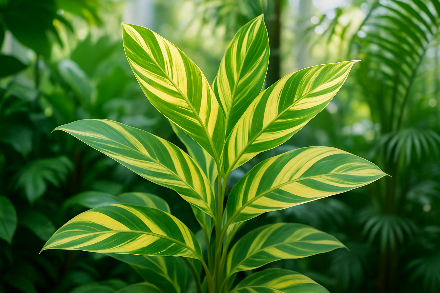 A lush variegated ginger plant thriving indoors with vibrant multicolored foliage under optimal lighting conditions.