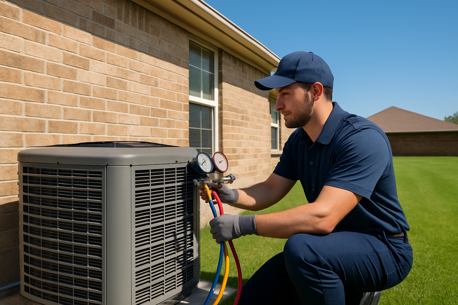 A Shamrock technician performing air conditioning maintenance on a Texas home unit, highlighting proactive service in local conditions.
