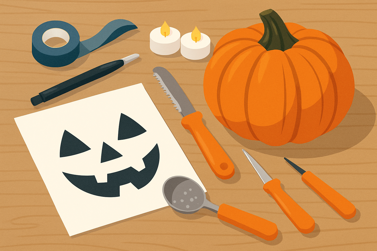 Essential tools and materials neatly arranged for wolf pumpkin carving.