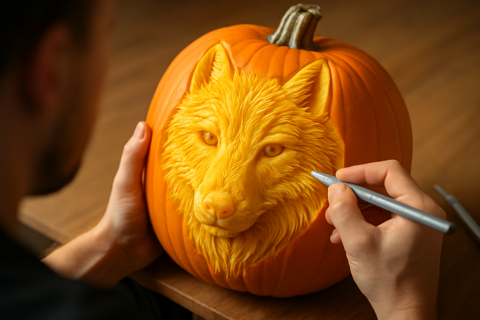 Detailed carving process of a wolf pumpkin showing intricate cuts on fur and eyes.