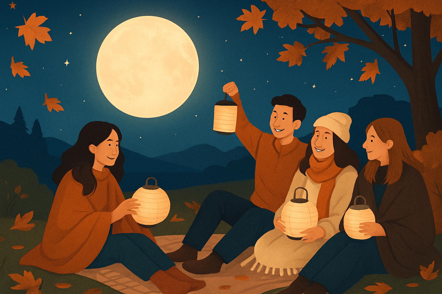 Friends gathered outdoors enjoying a harvest moon celebration with warm lanterns and autumn decorations.