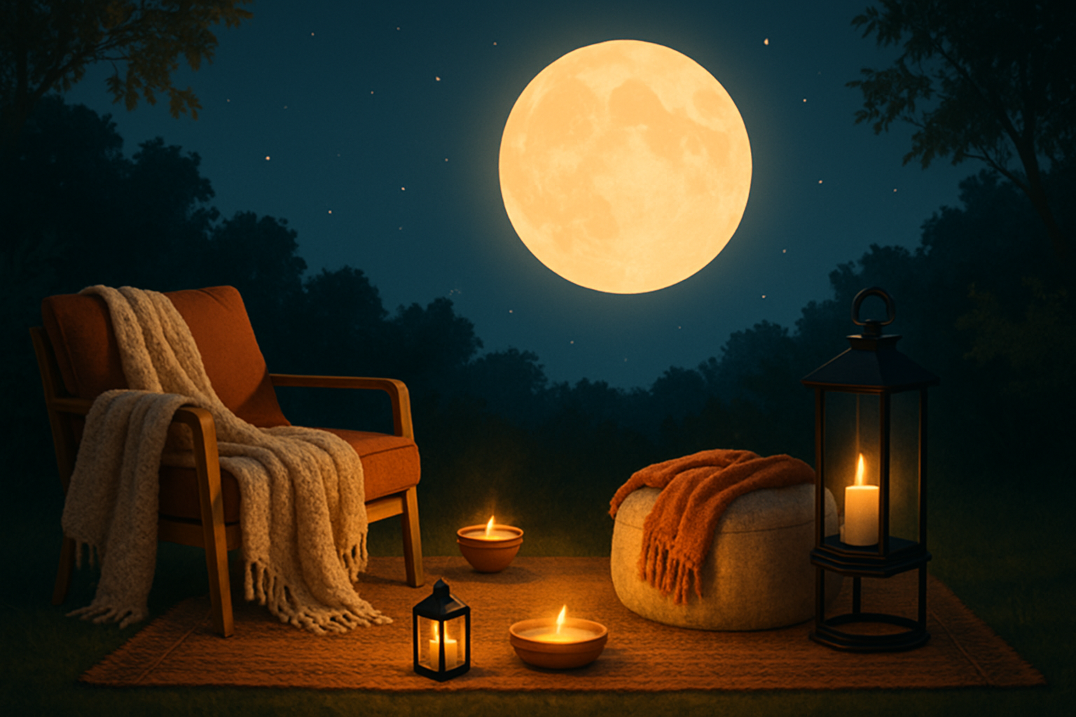 A cozy outdoor setup for a happy harvest moon celebration with soft lighting and comfortable seating.