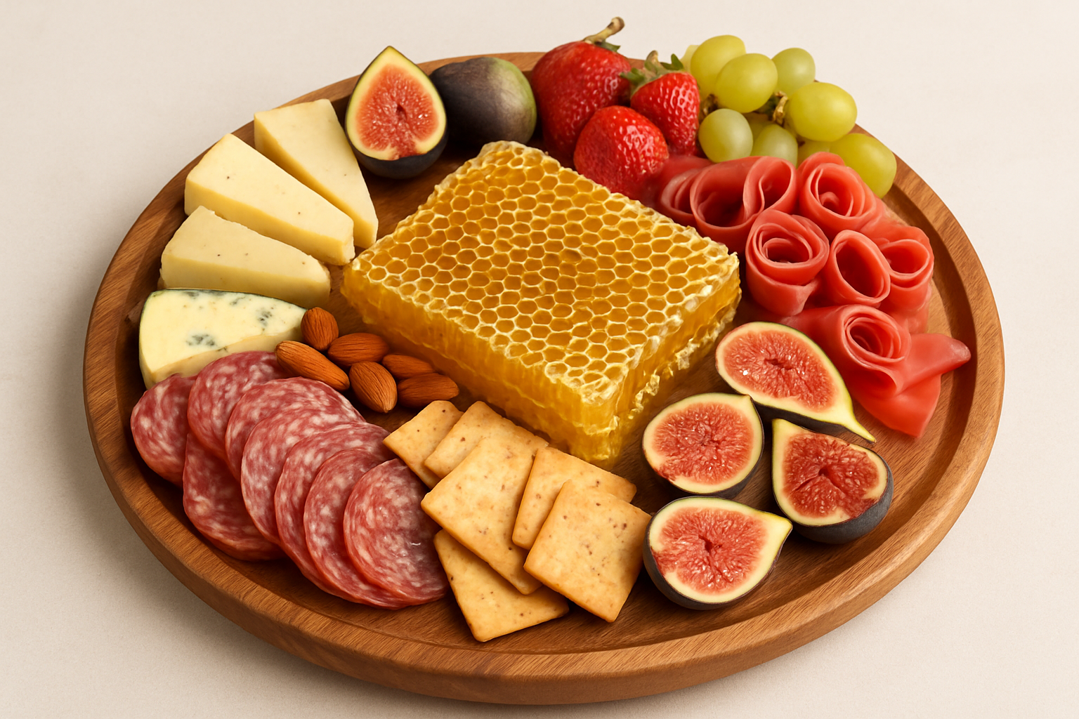 Example of a professionally styled honeycomb charcuterie board showcasing balanced colors and textures
