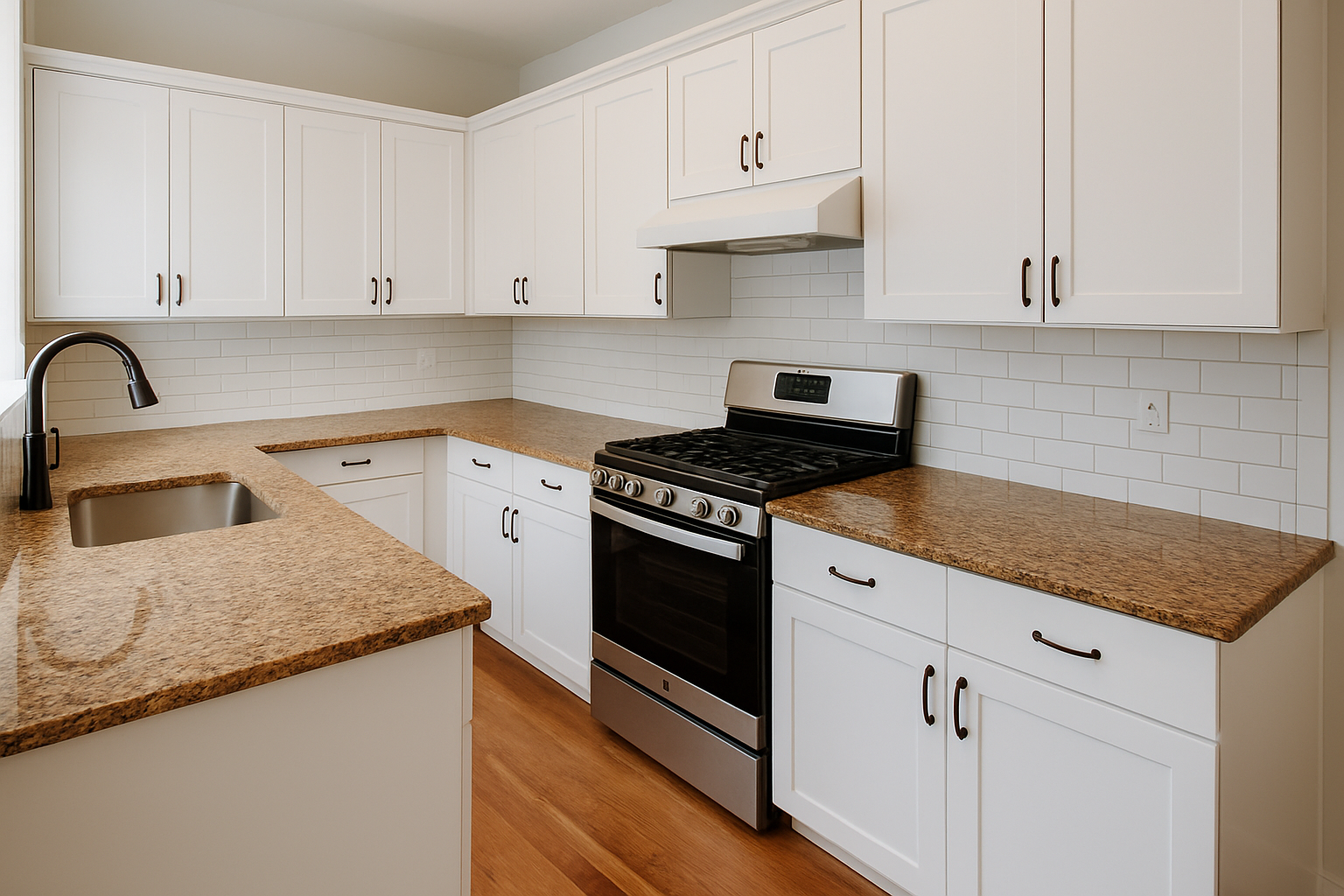Kitchen showcasing butter rum granite countertops alongside complementary cabinetry, backsplash, flooring, and hardware.