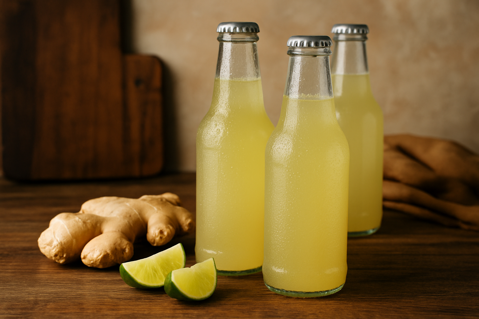 Bottles of freshly made Jamaican ginger beer with fresh ginger roots and lime wedges ready to serve.