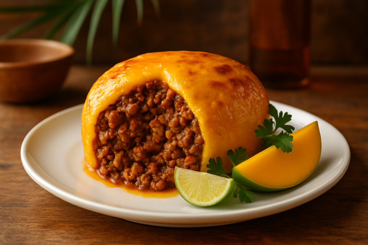 Perfectly baked Keshi Yena showing the rich melted cheese shell and savory filling.
